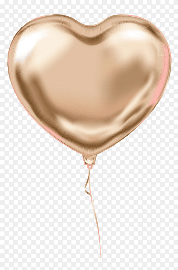 Gold helium balloon heart shaped flying on transparent background PNG