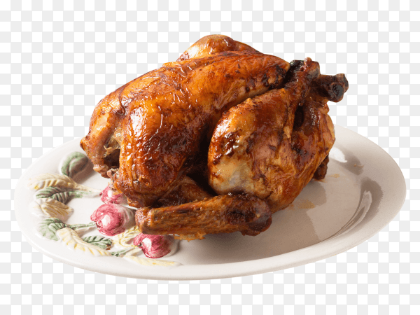 Grilled whole chicken in white ceramic plate on transparent background PNG