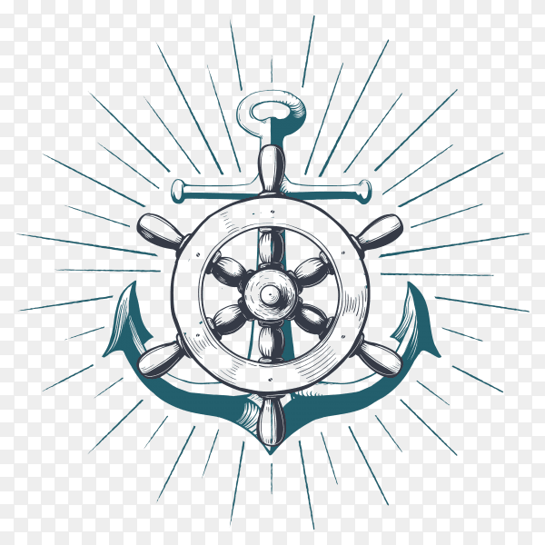 Hand drawn Anchor with navigation wheel illustration on transparent background PNG
