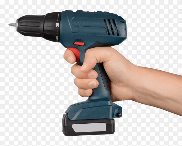 Hand holding Cordless green screwdriver isolated on transparent background PNG