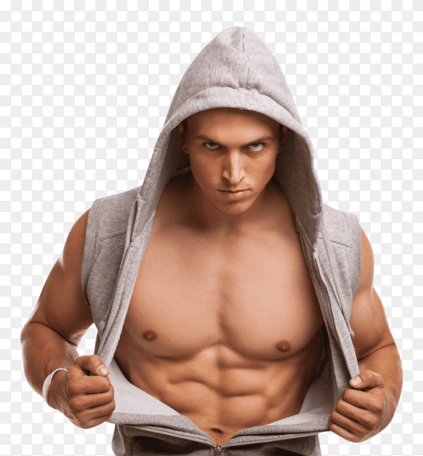 Handsome bodybuilder wearing gray sleeveless hoodie on transparent background PNG