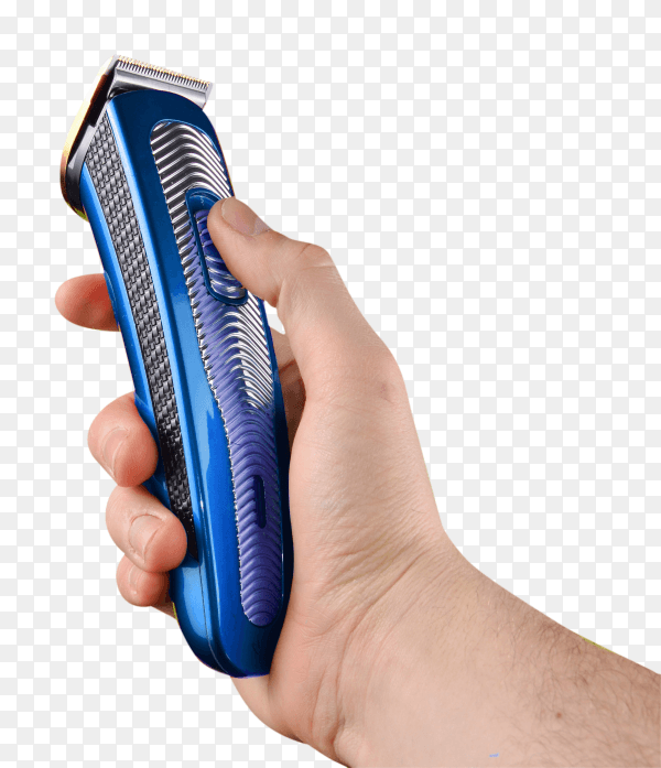 Man holding blue electric shaver on transparent background PNG