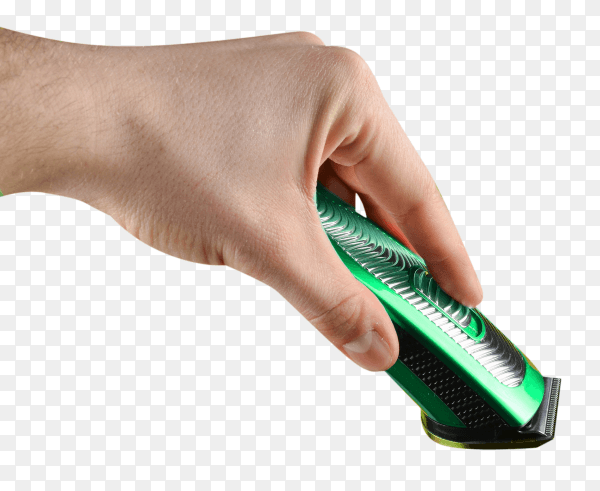 Man holding green electric shaver on transparent background PNG