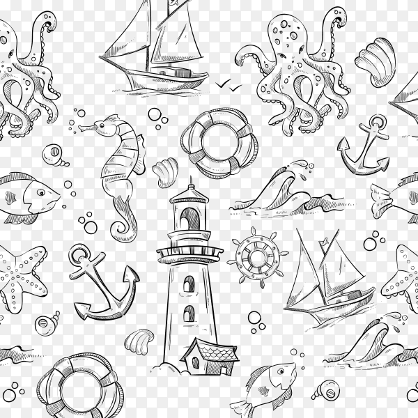 Nautical elements pattern on transparent background PNG