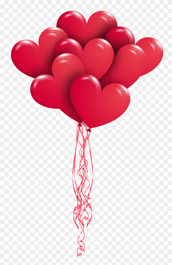 Realistic red heart balloons flying on transparent background PNG