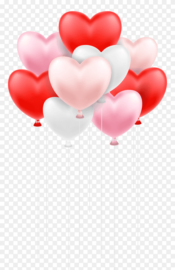 Red and pink heart shaped balloons floating in the sky on transparent background PNG