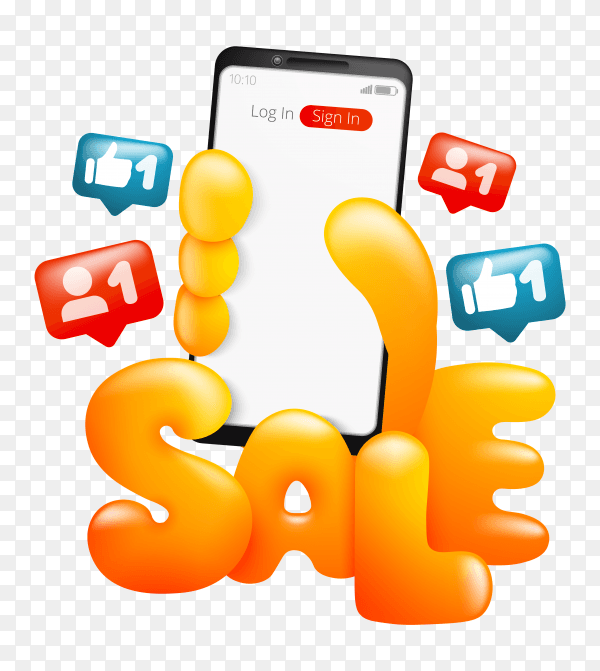 Sale card template with cartoon yellow hand holding smartphone on transparent background PNG