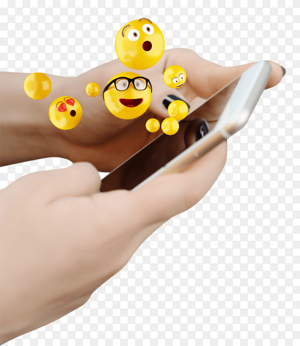 Woman using smartphone and sending emojis on transparent background PNG