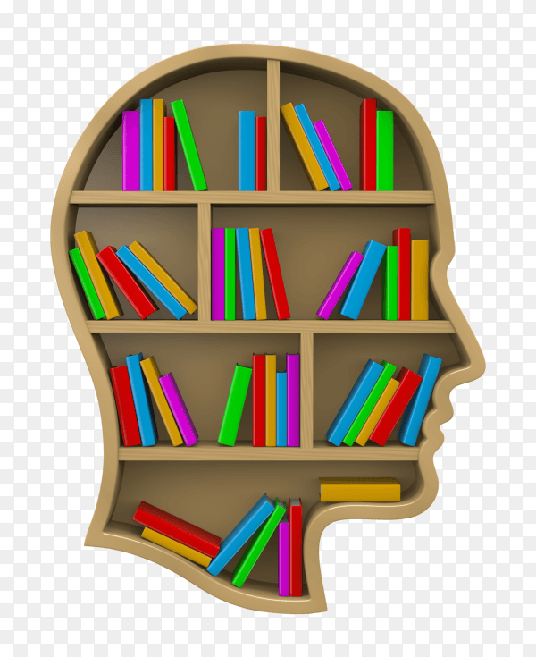 Bookshelf shaped human head on transparent background PNG