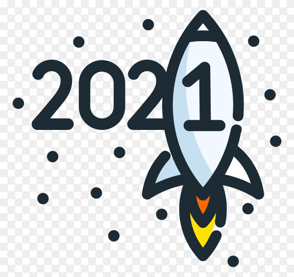 2021 happy new year with rocket icon on transparent background PNG