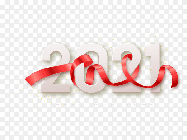 2021 happy new year with white numbers and a red ribbon on transparent background PNG