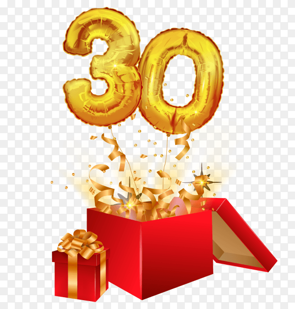 30 years of golden balloons with sparkling confetti fly out of the box on transparent background PNG