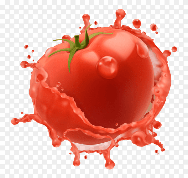 3D Fresh tomatoes and a splash of vegetable juice on transparent background PNG