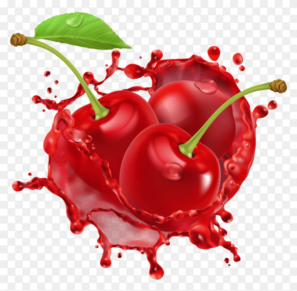 3D Red Cherry and shplash of fresh juice fruit on transparent background PNG