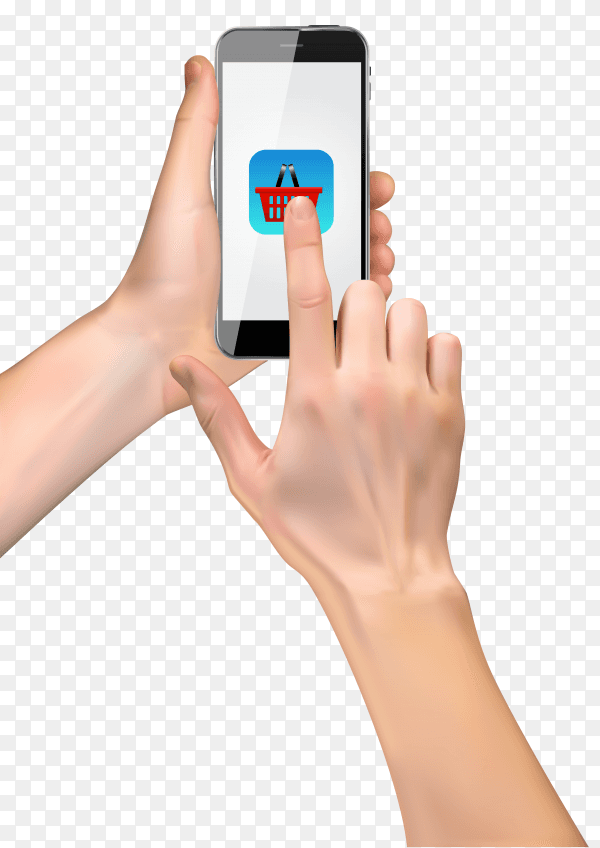 3D hand holding smart phone and click on shopping icon on transparent background PNG