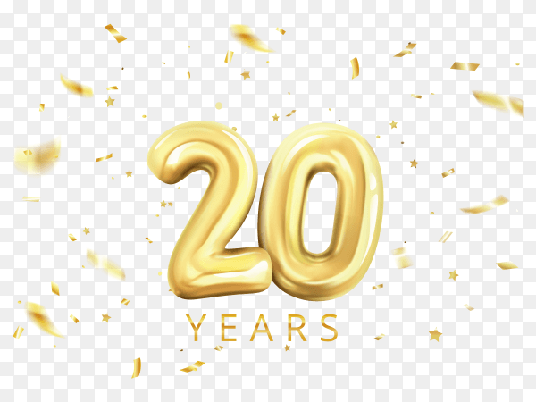 3D realistic isolated with number twenty with golden helium balloons for design decoration on transparent background PNG