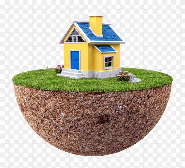 3d floating island with small house on transparent background PNG