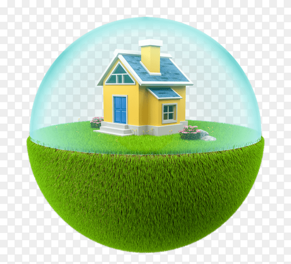 3d green floating island with small house on transparent background PNG