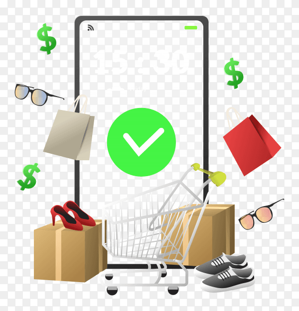 3d online shopping illustration banner with mobile design on transparent background PNG