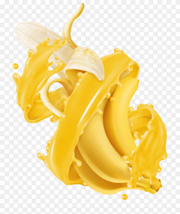 3D realistic tropical bananas in splashes of juice Premium vector PNG