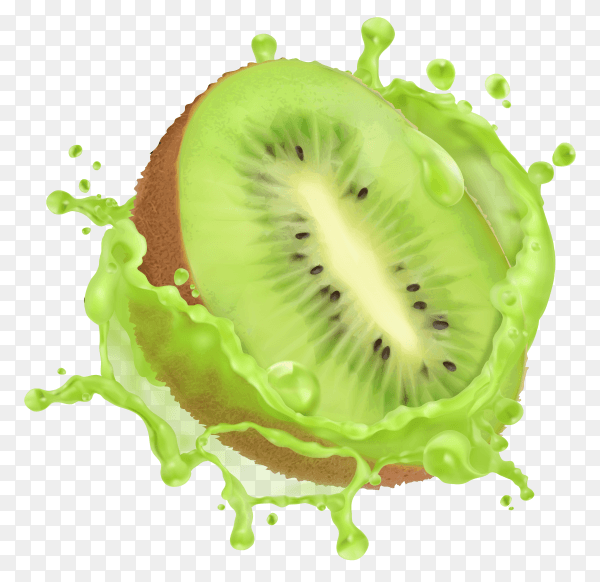 3d realistic tropical kiwi in splashesof juice on transparent background PNG