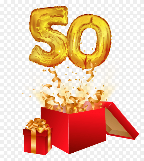50 years of golden balloons with sparkling confetti fly out of the box premium vector PNG