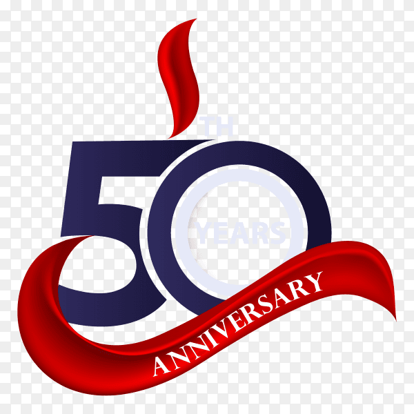 50th anniversary sign and logo celebration symbol with red ribbon on transparent background PNG