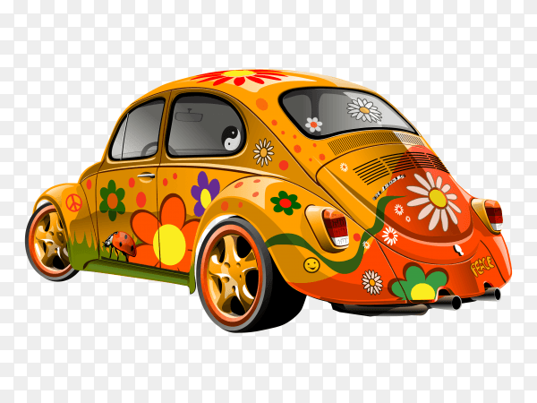 Hand drawn car with flowers illustration on transparent background PNG