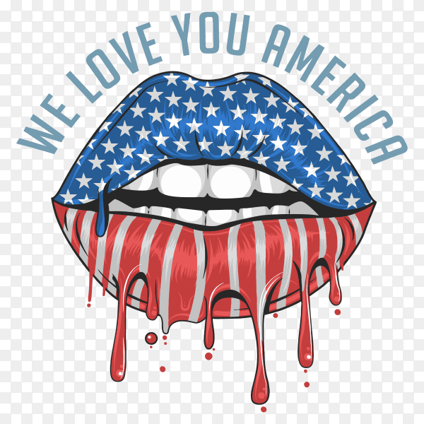 American flag shaped lips with text lettering we love you america on transparent background PNG