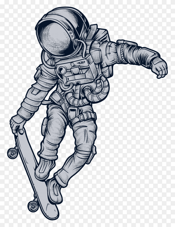 Astronaut skateboarding in space on transparent background PNG