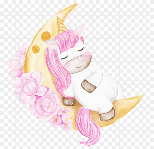 Baby unicorn sleeping on the moon with flower pink watercolor illustration on transparent background PNG