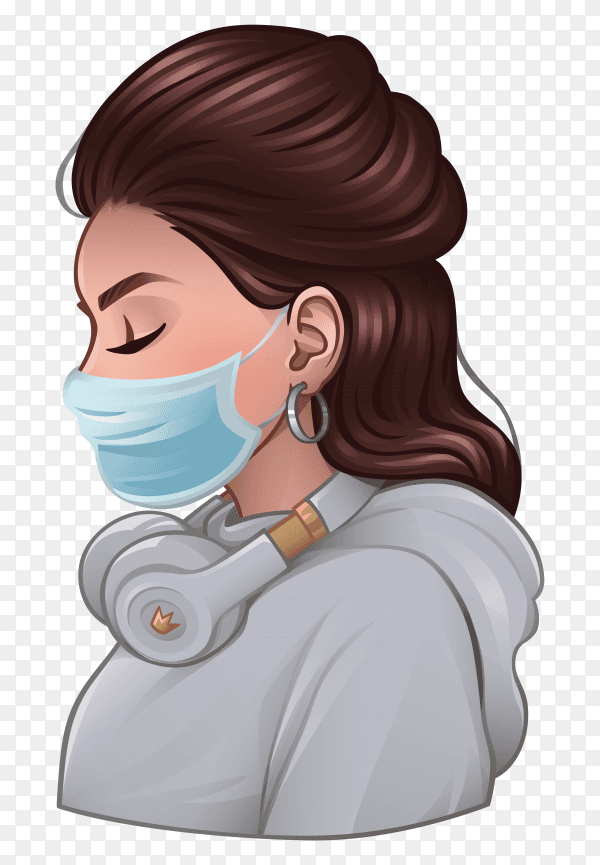 Beautiful girl with medical mask and headphones on transparent background PNG