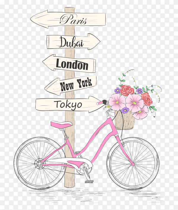 Bicycle with a basket full of flowers and signpost name the cities of the world on transparent background PNG