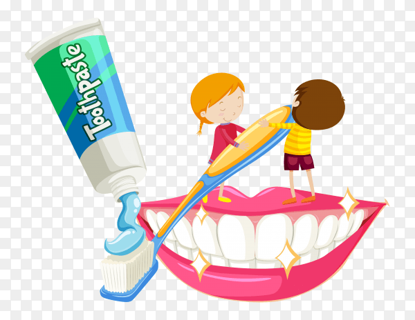 Boy and girl brushing teeth on transparent background PNG