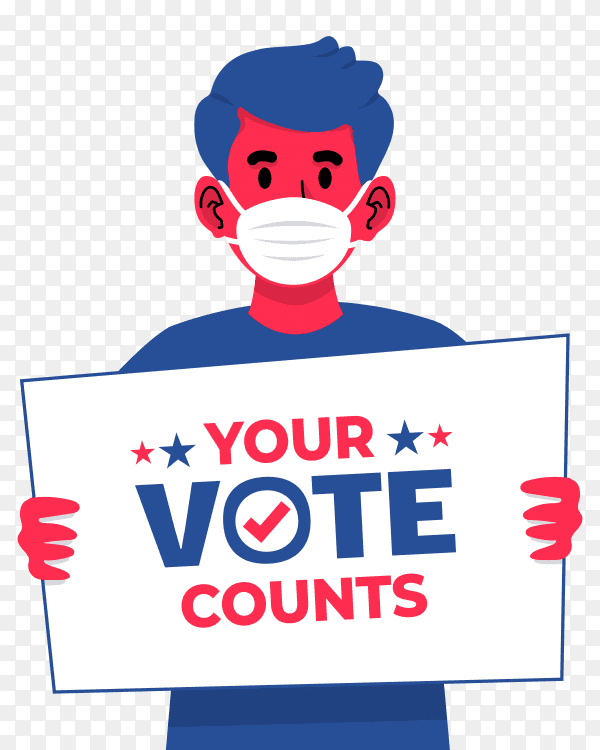 Boy with face mask holding a sign to encourage voting in us presidential election 2020 on transparent background PNG