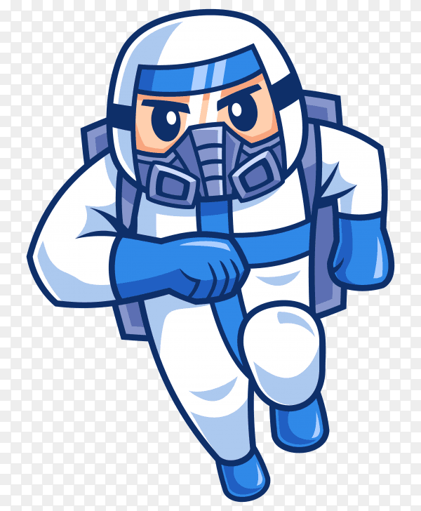 Cartoon character doctor wearing protective suiteon transparent background PNG
