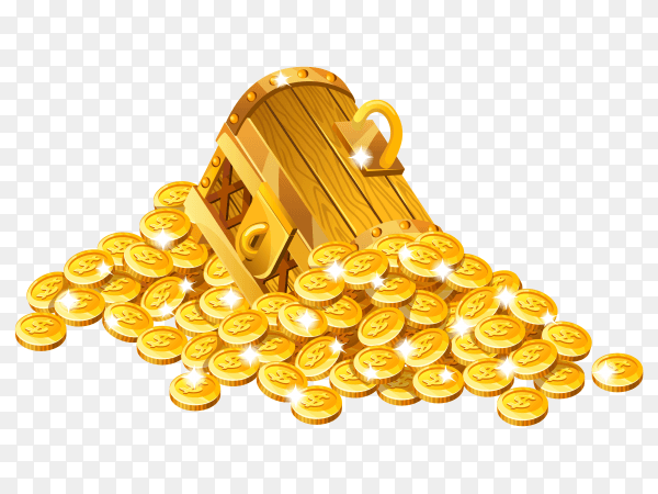 Cartoon closed wooden isometric with golden coins on transparent background PNG