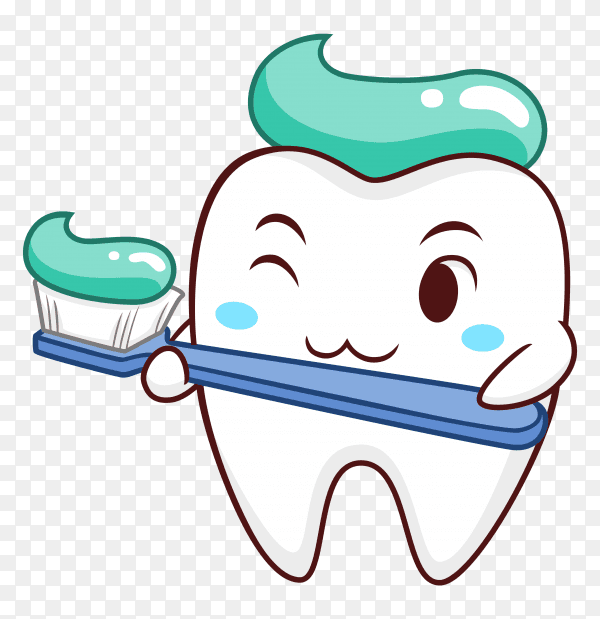 Cartoon illustration tooth holding toothbrush on transparent background PNG