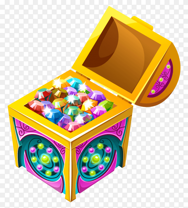 Cartoon isometric chest with treasures on transparent background PNG