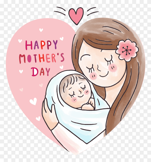 Cartoon mother hugging baby in heart frame on transparent background PNG