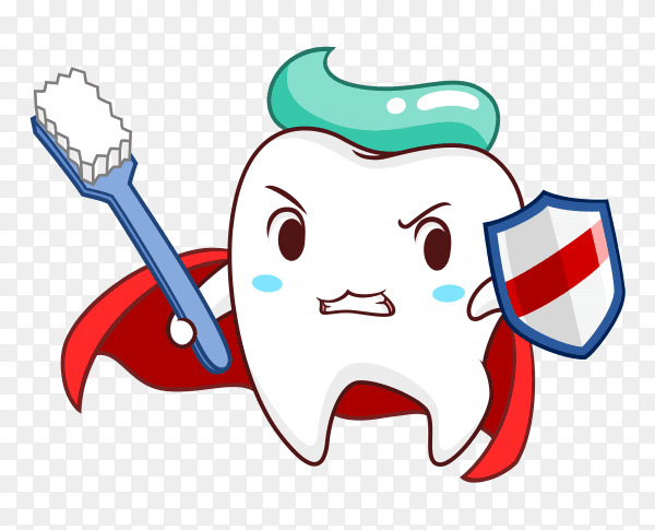 Cartoon superhero tooth holding shield toothbrush on transparent background PNG