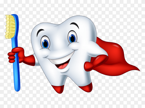 Cartoon superhero tooth with toothbrush on transparent background PNG