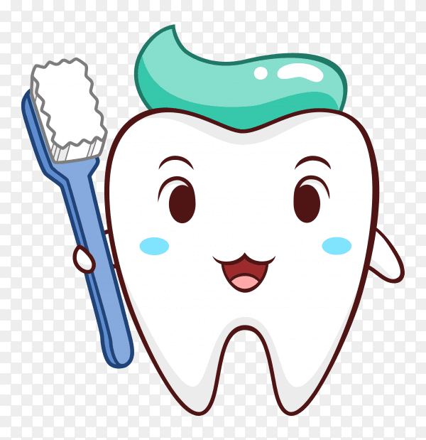 Cartoon tooth holding toothbrush on transparent background PNG