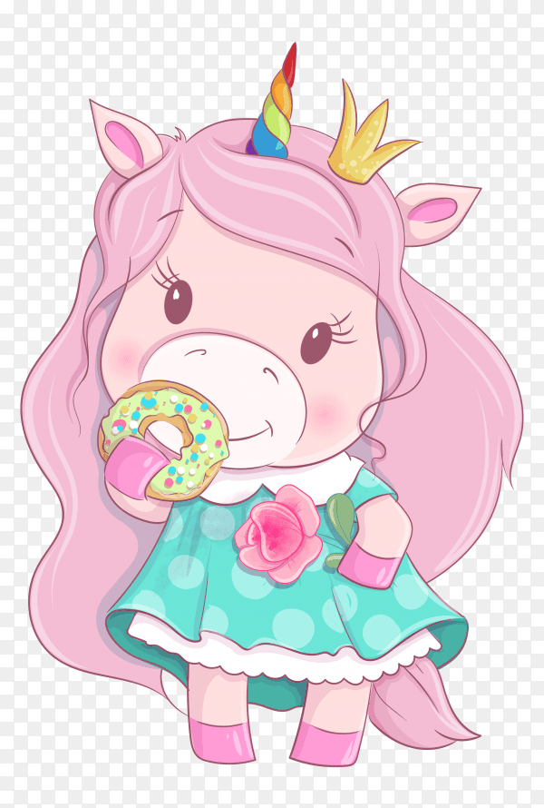 Cartoon unicorn girl holding flower and donut Premium vector PNG