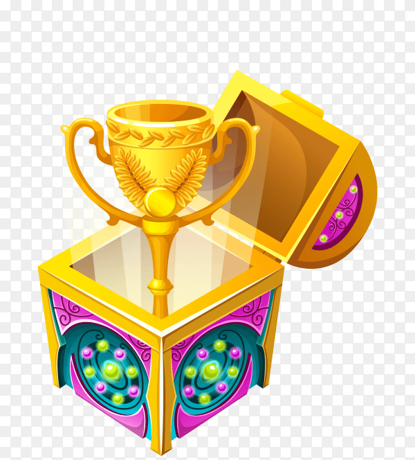 Cartoon wooden isometric chest with treasure on transparent background PNG