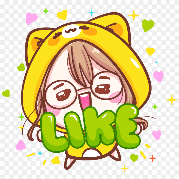 Character of cute girls holding like message symbol on transparent background PNG