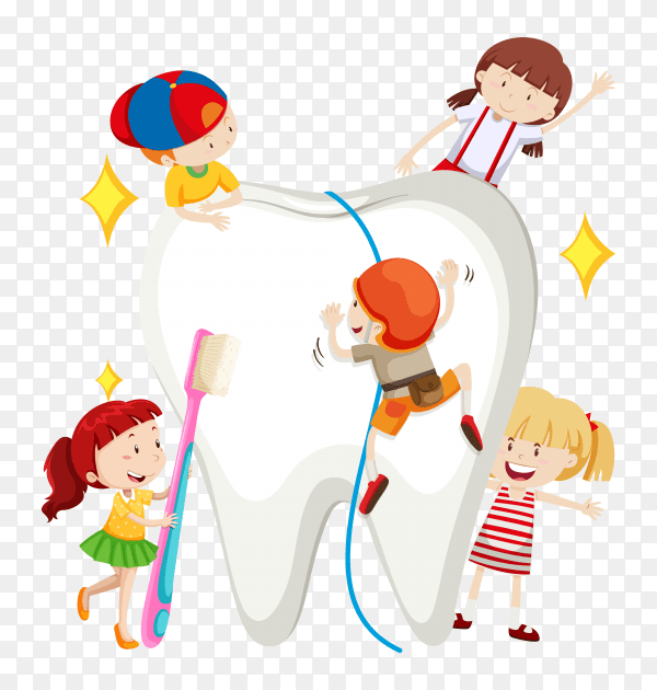 Children holding toothpaste and toothbrush standing with a large white tooth on transparent background PNG