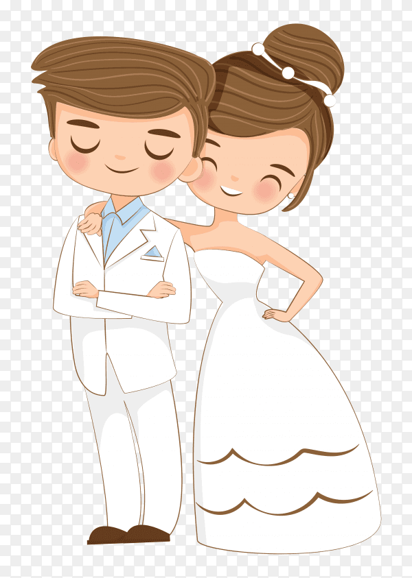 Cute bride and groom couple cartoon character on transparent background PNG