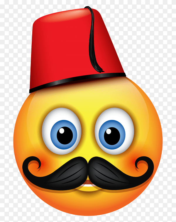 Cute emoticon wearing Turkish Fez hat and mustache on transparent background PNG