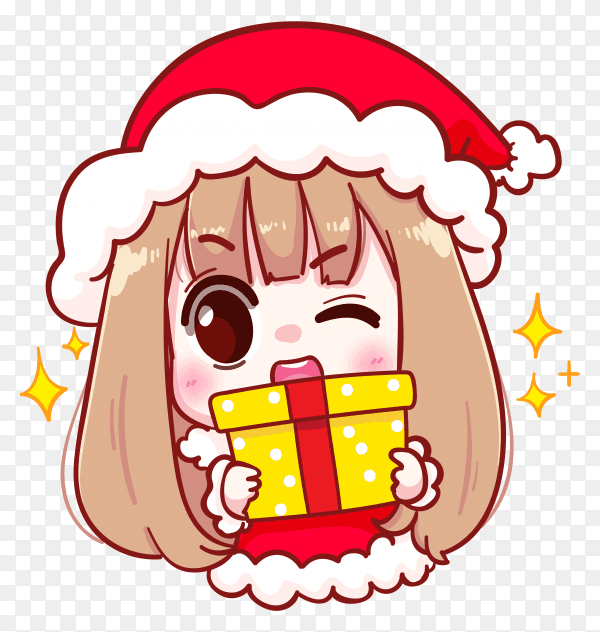 Cute girl in santa claus costume holding a gift box merry christmas illustration on transparent background PNG